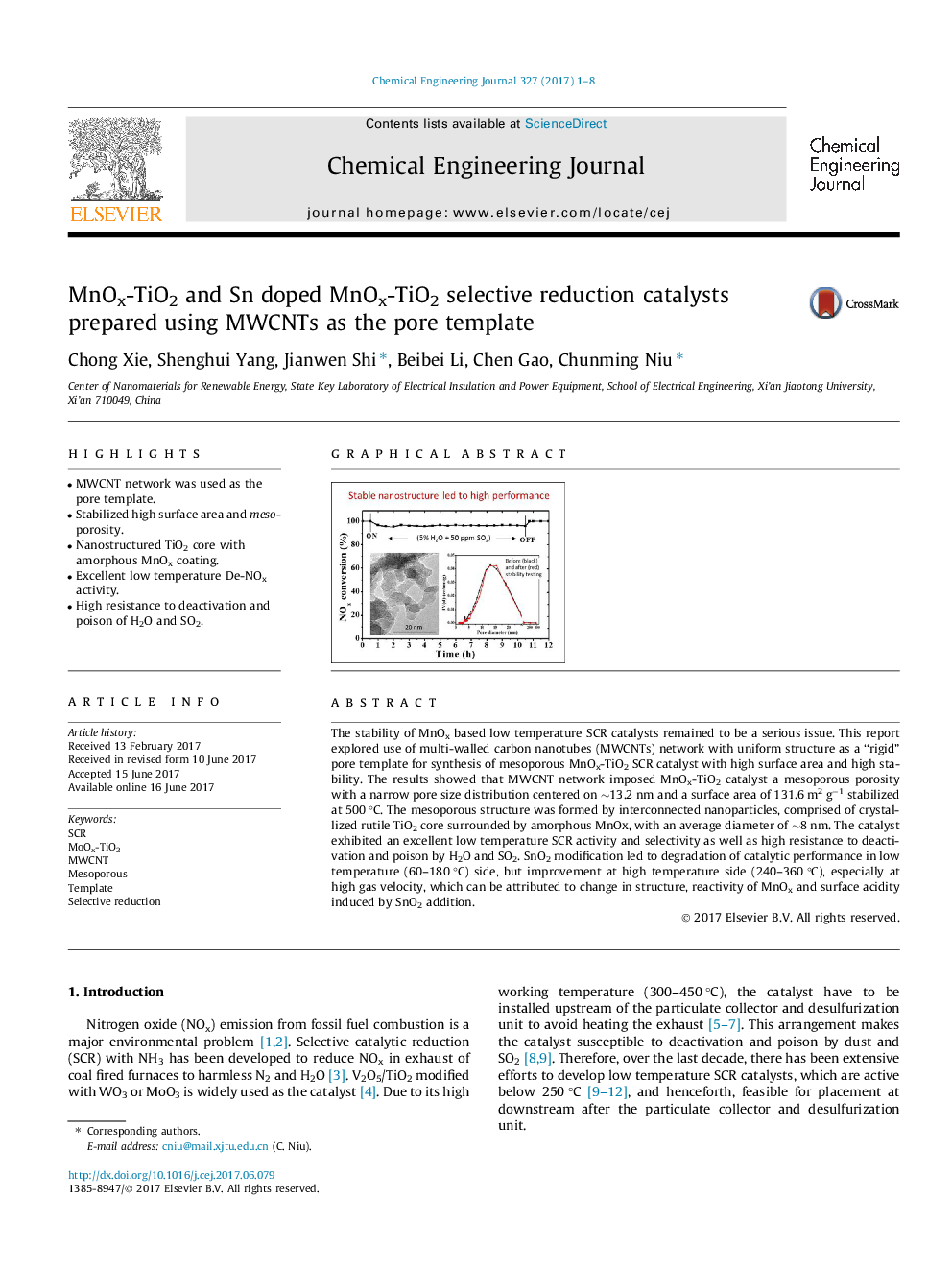 MnOx-TiO2 and Sn doped MnOx-TiO2 selective reduction catalysts prepared using MWCNTs as the pore template