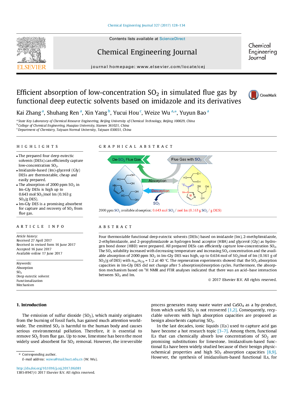 Efficient absorption of low-concentration SO2 in simulated flue gas by functional deep eutectic solvents based on imidazole and its derivatives