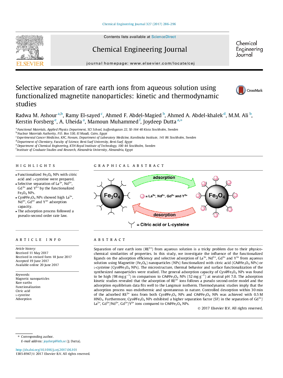 Selective separation of rare earth ions from aqueous solution using functionalized magnetite nanoparticles: kinetic and thermodynamic studies