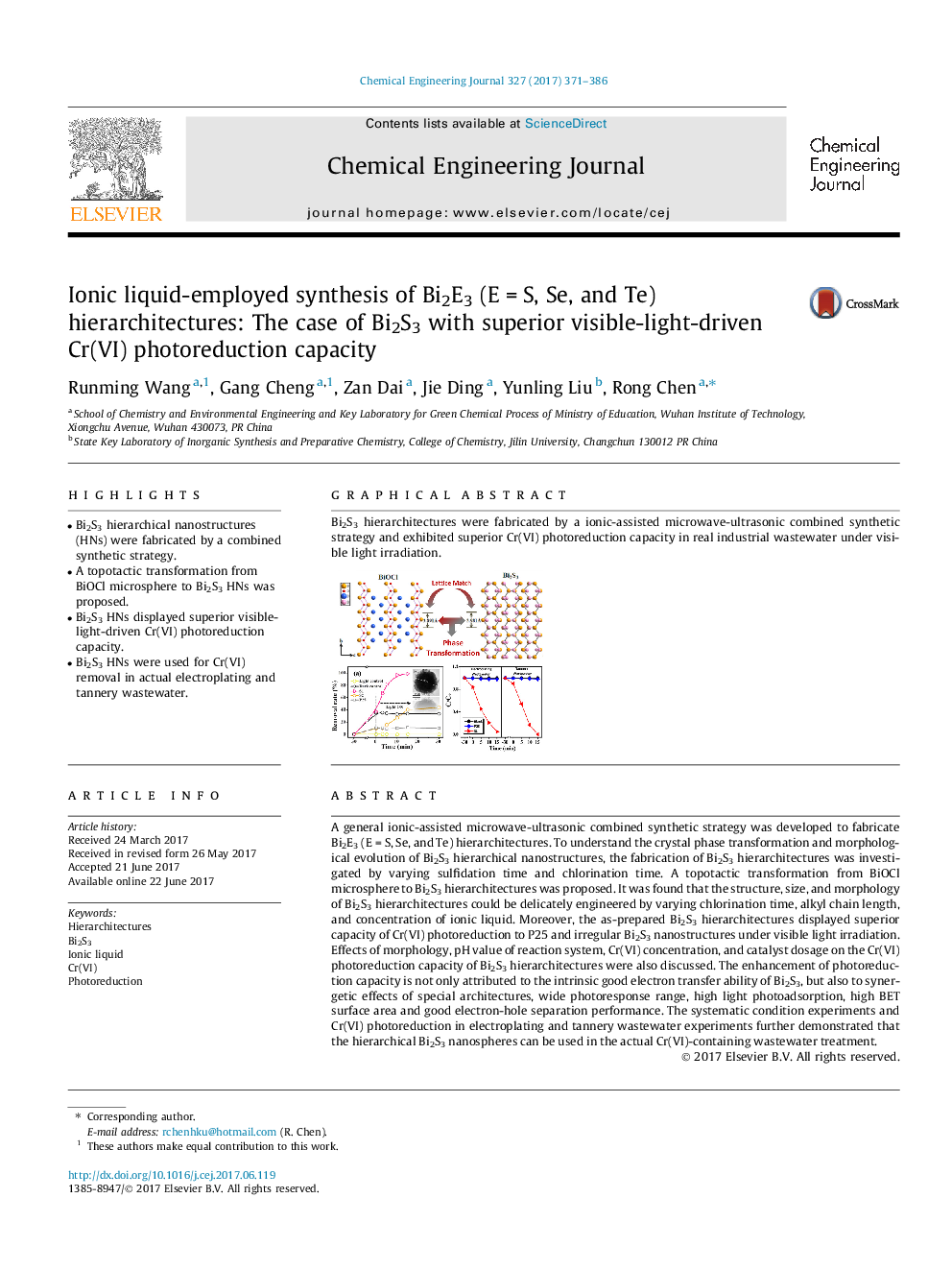 Ionic liquid-employed synthesis of Bi2E3 (E = S, Se, and Te) hierarchitectures: The case of Bi2S3 with superior visible-light-driven Cr(VI) photoreduction capacity