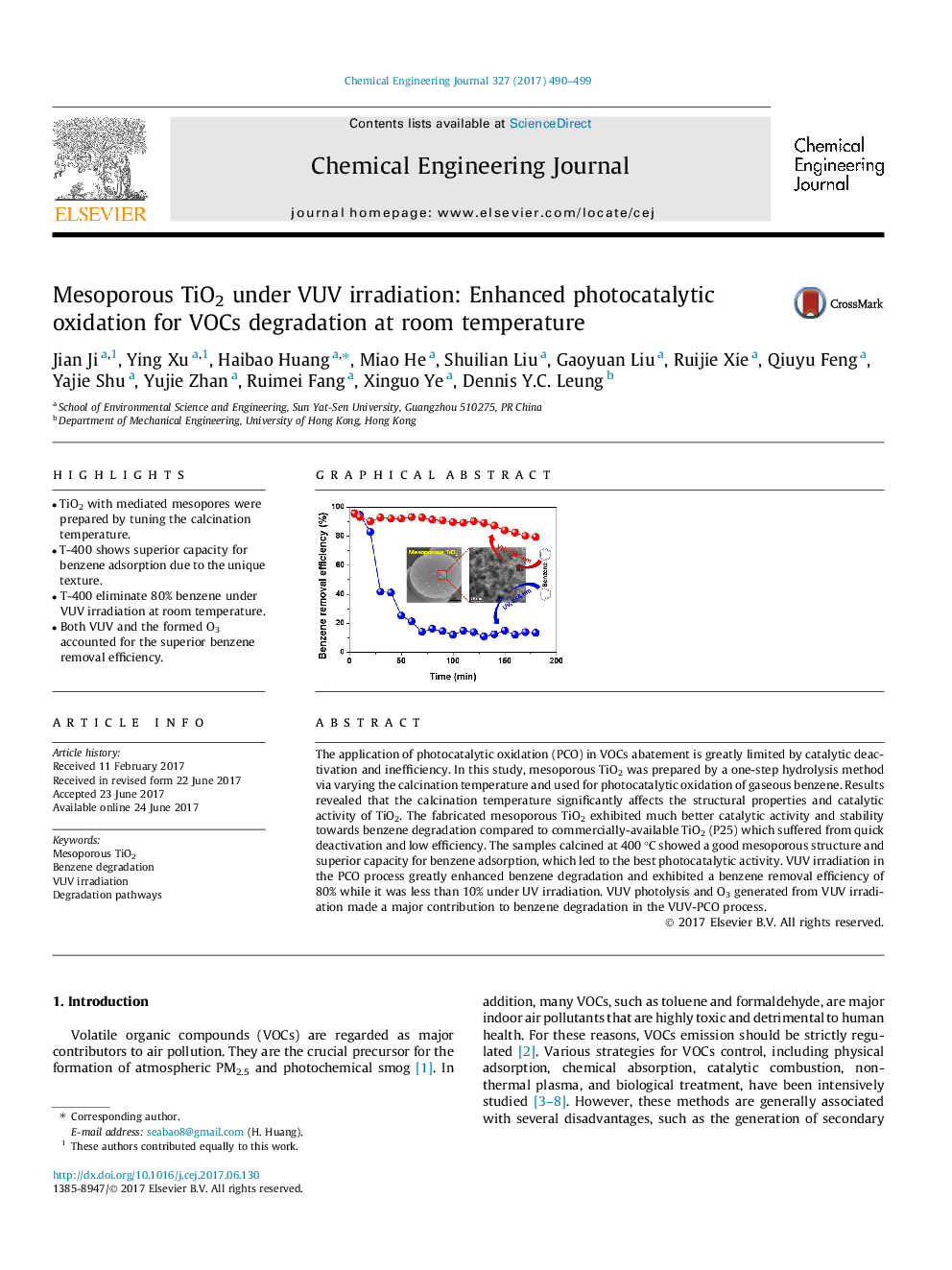 Mesoporous TiO2 under VUV irradiation: Enhanced photocatalytic oxidation for VOCs degradation at room temperature