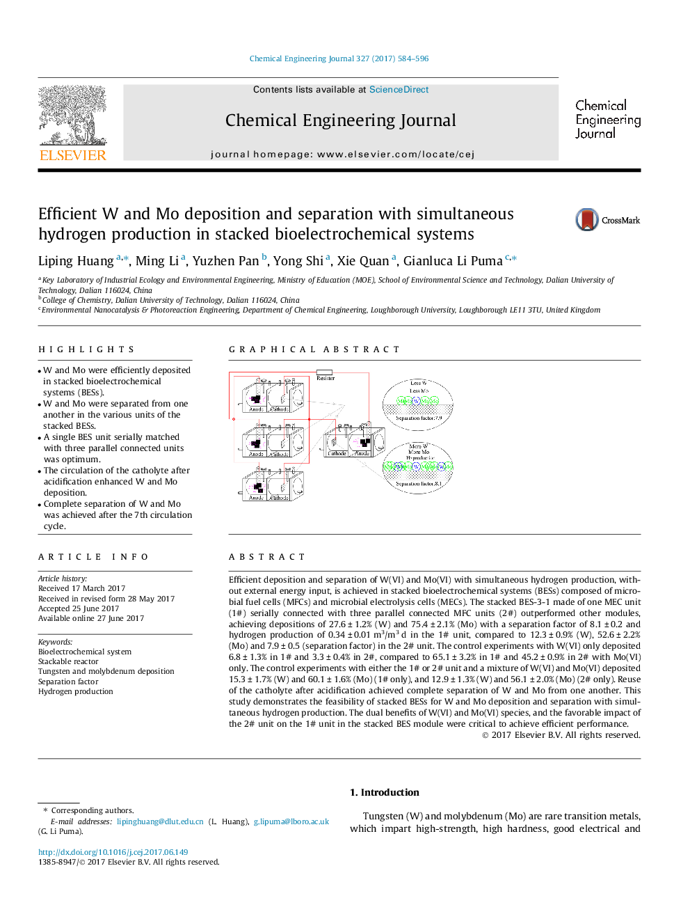 Efficient W and Mo deposition and separation with simultaneous hydrogen production in stacked bioelectrochemical systems