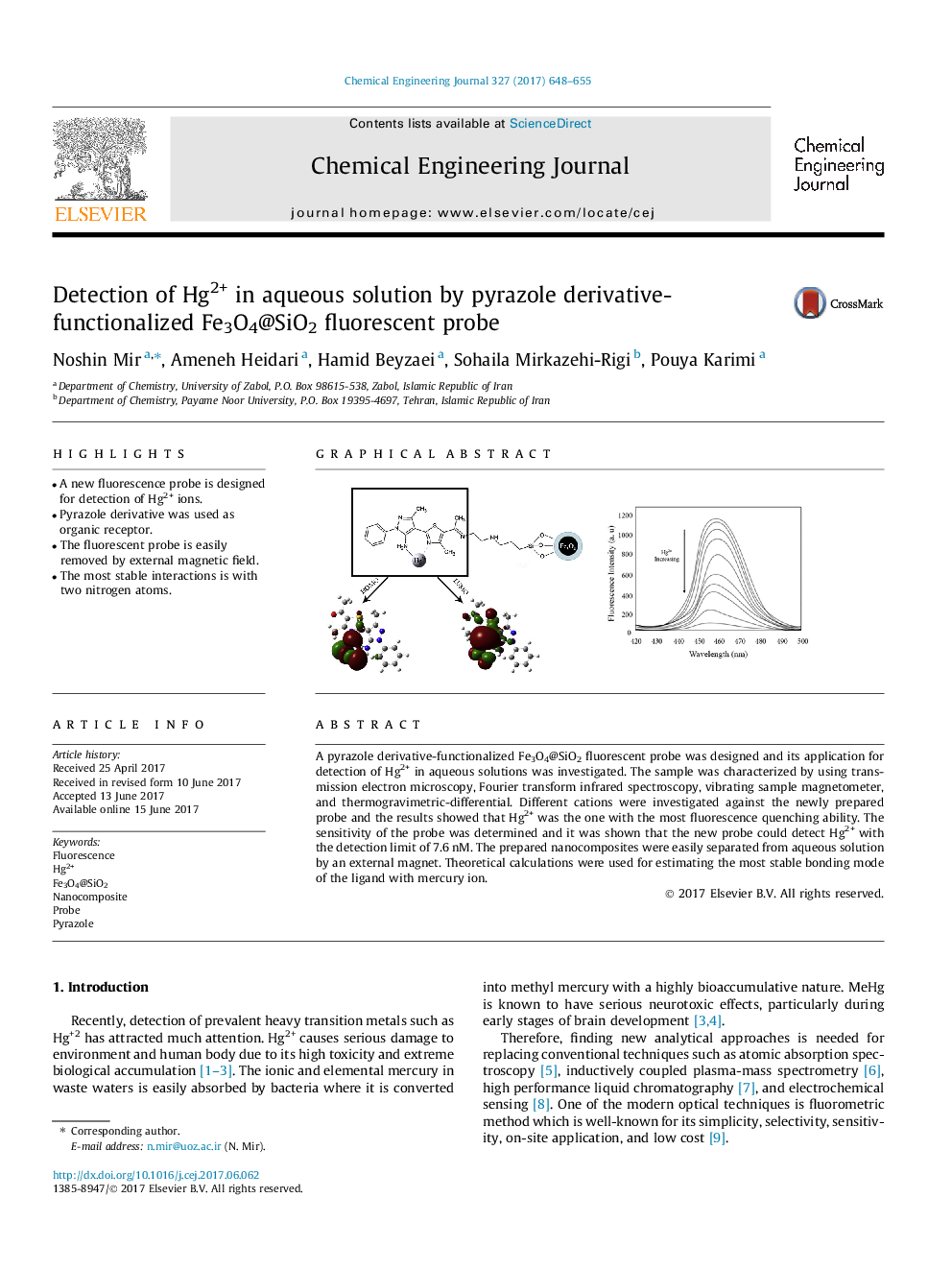 Detection of Hg2+ in aqueous solution by pyrazole derivative-functionalized Fe3O4@SiO2 fluorescent probe