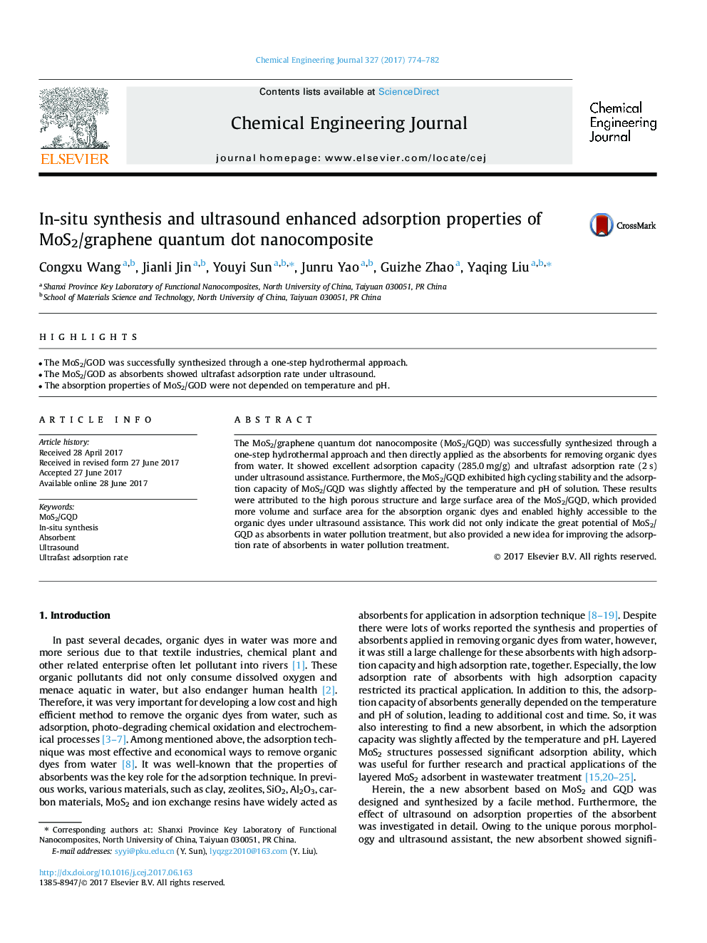 In-situ synthesis and ultrasound enhanced adsorption properties of MoS2/graphene quantum dot nanocomposite