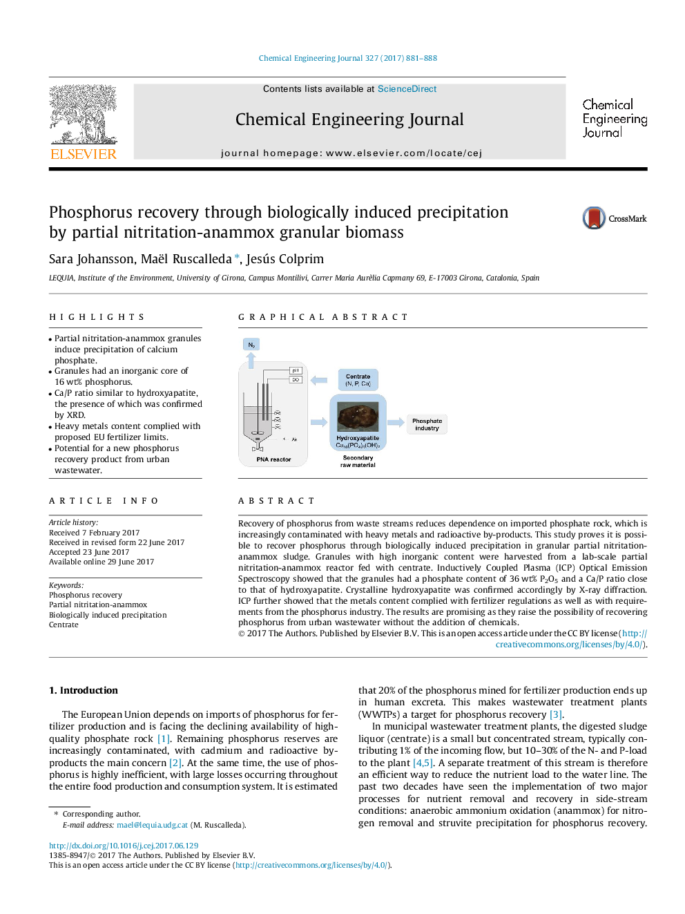 Phosphorus recovery through biologically induced precipitation by partial nitritation-anammox granular biomass