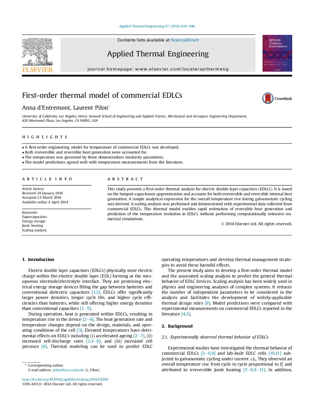 First-order thermal model of commercial EDLCs