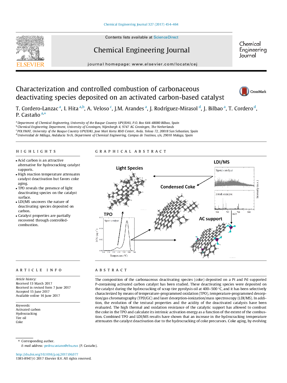 Characterization and controlled combustion of carbonaceous deactivating species deposited on an activated carbon-based catalyst