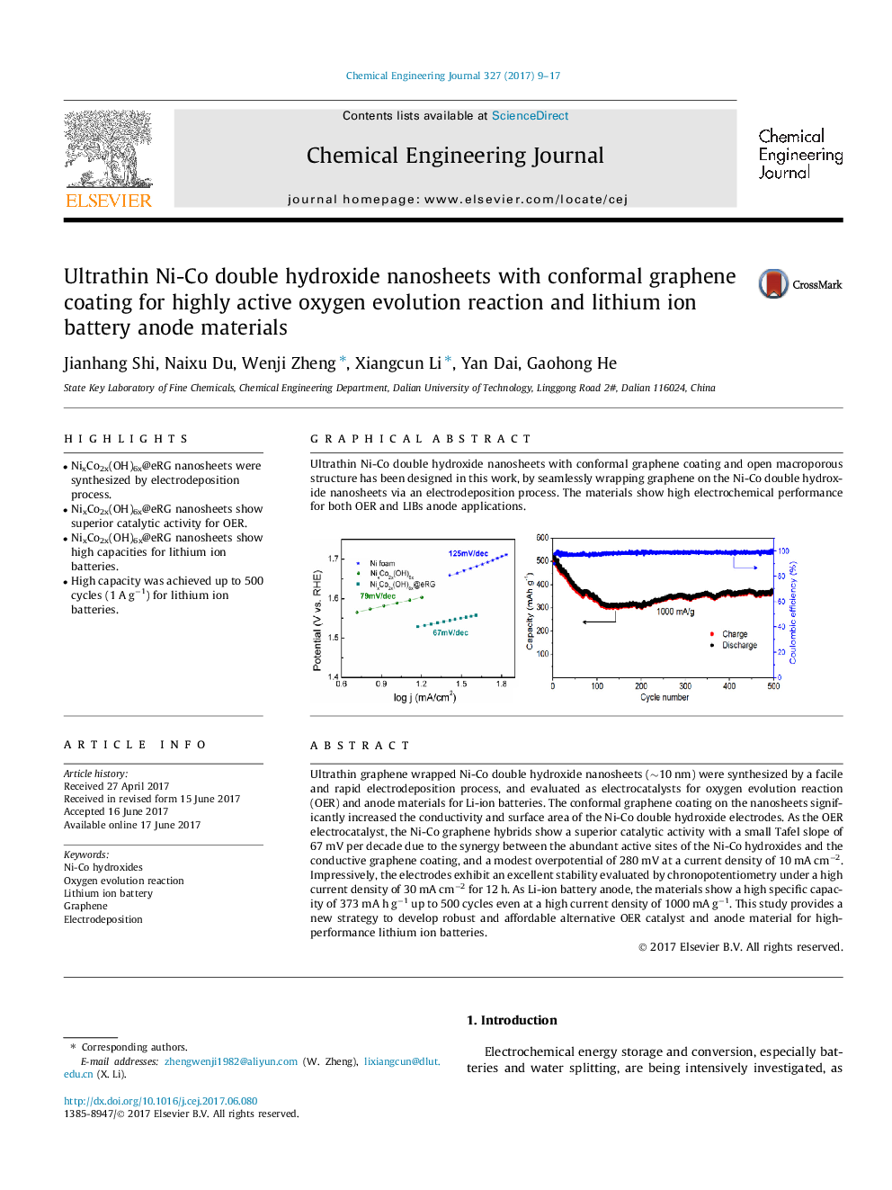 Ultrathin Ni-Co double hydroxide nanosheets with conformal graphene coating for highly active oxygen evolution reaction and lithium ion battery anode materials