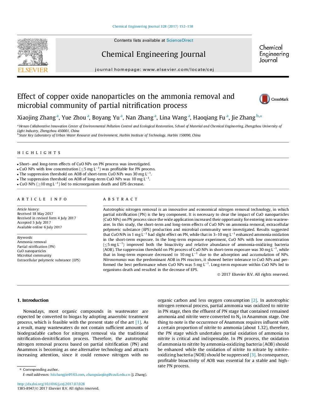 Effect of copper oxide nanoparticles on the ammonia removal and microbial community of partial nitrification process