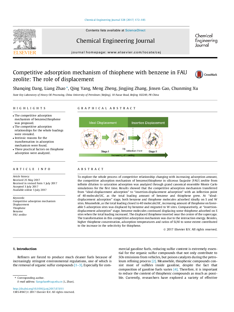 Competitive adsorption mechanism of thiophene with benzene in FAU zeolite: The role of displacement