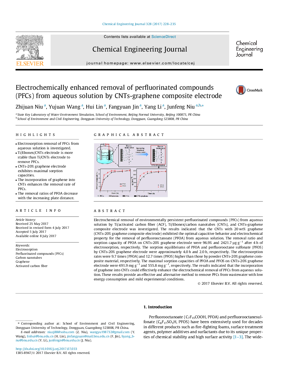 Electrochemically enhanced removal of perfluorinated compounds (PFCs) from aqueous solution by CNTs-graphene composite electrode