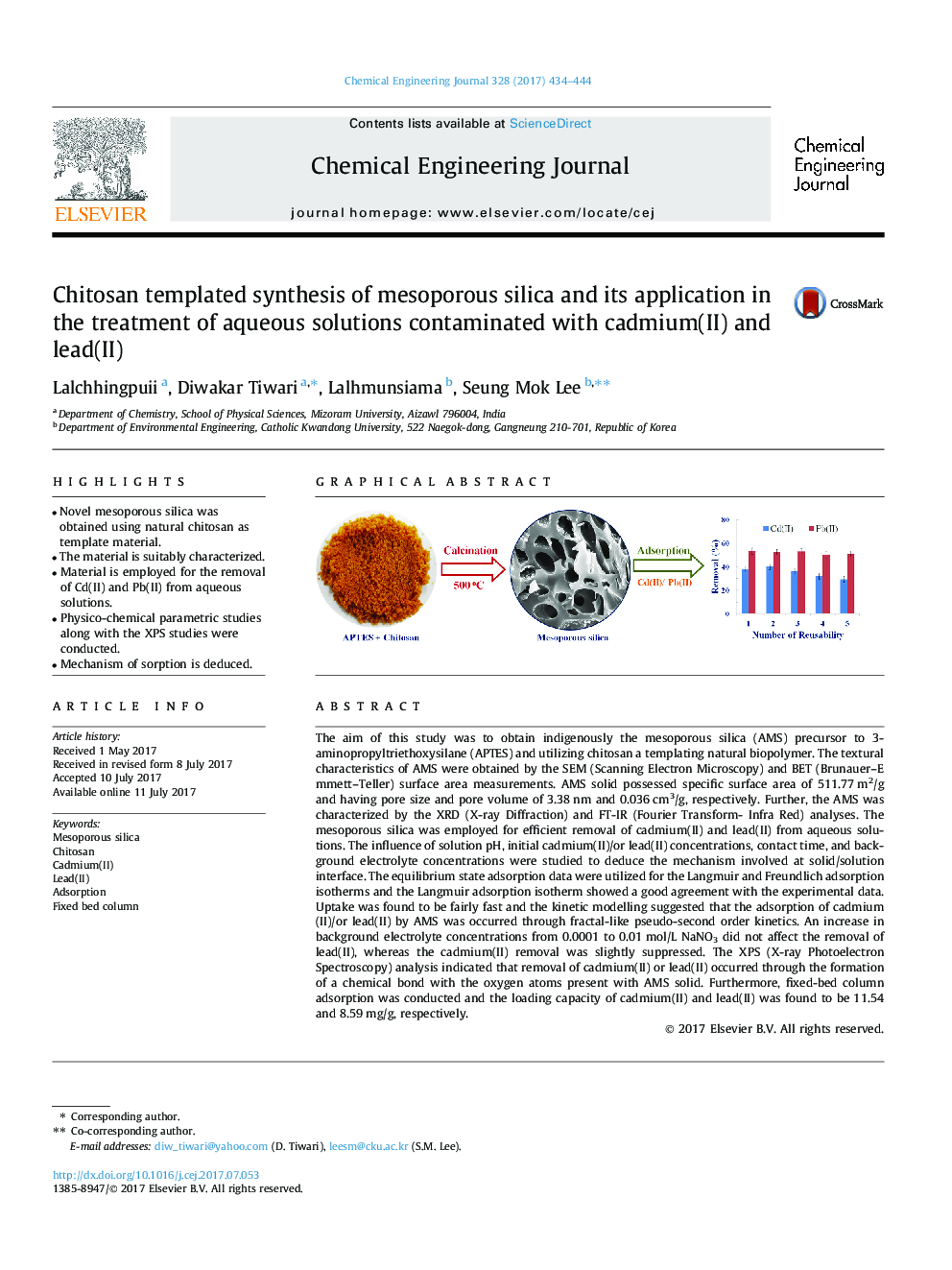 Chitosan templated synthesis of mesoporous silica and its application in the treatment of aqueous solutions contaminated with cadmium(II) and lead(II)