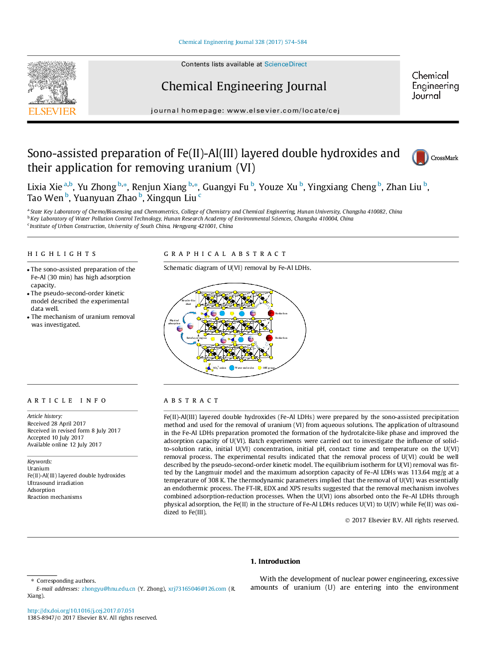 Sono-assisted preparation of Fe(II)-Al(III) layered double hydroxides and their application for removing uranium (VI)