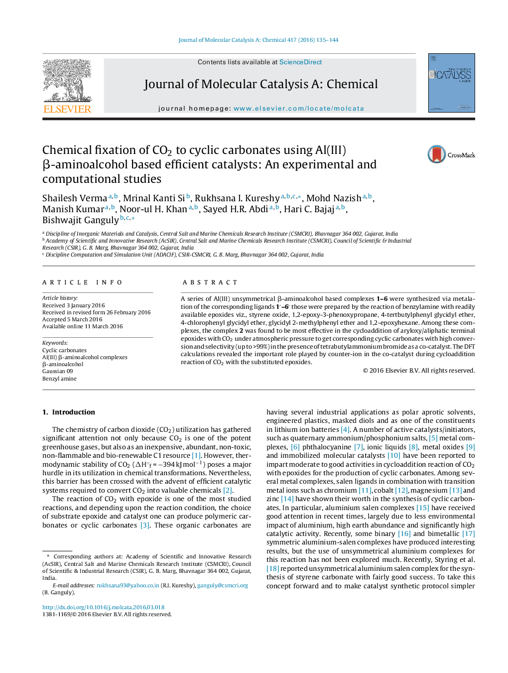 Chemical fixation of CO2 to cyclic carbonates using Al(III) β-aminoalcohol based efficient catalysts: An experimental and computational studies