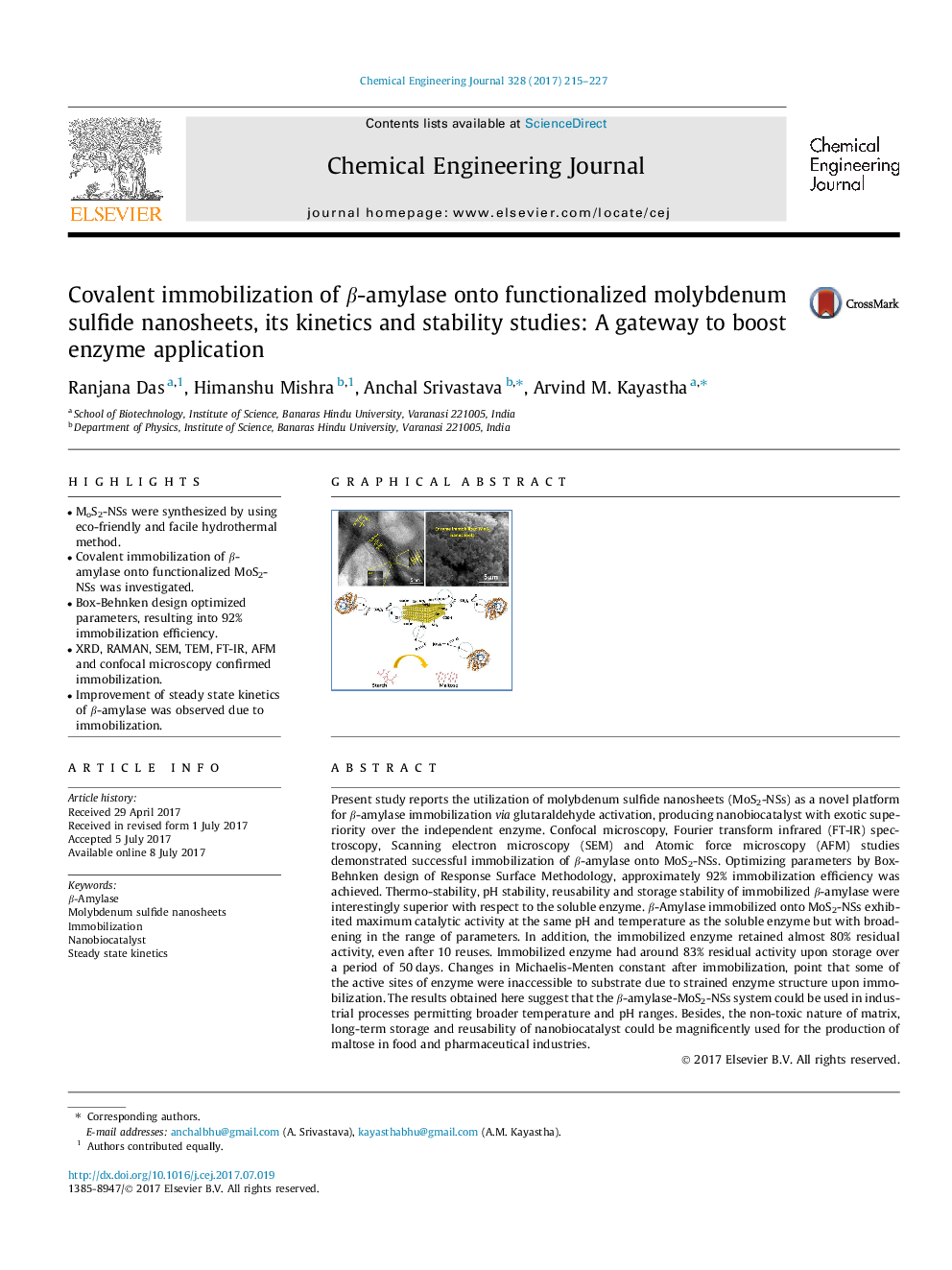 Covalent immobilization of Î²-amylase onto functionalized molybdenum sulfide nanosheets, its kinetics and stability studies: A gateway to boost enzyme application