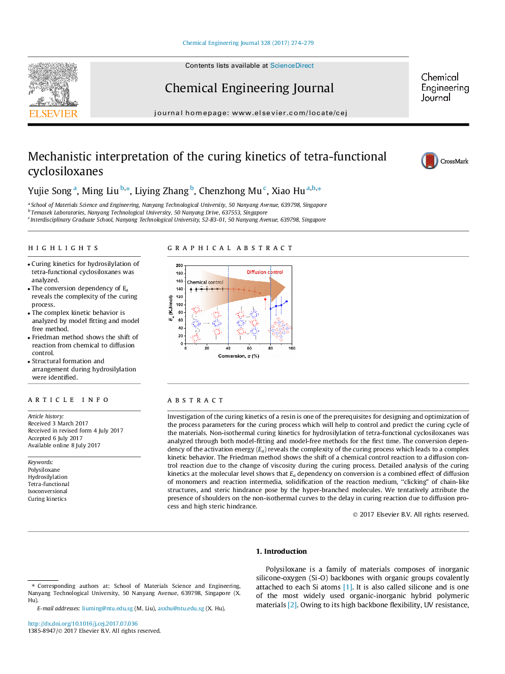 Mechanistic interpretation of the curing kinetics of tetra-functional cyclosiloxanes