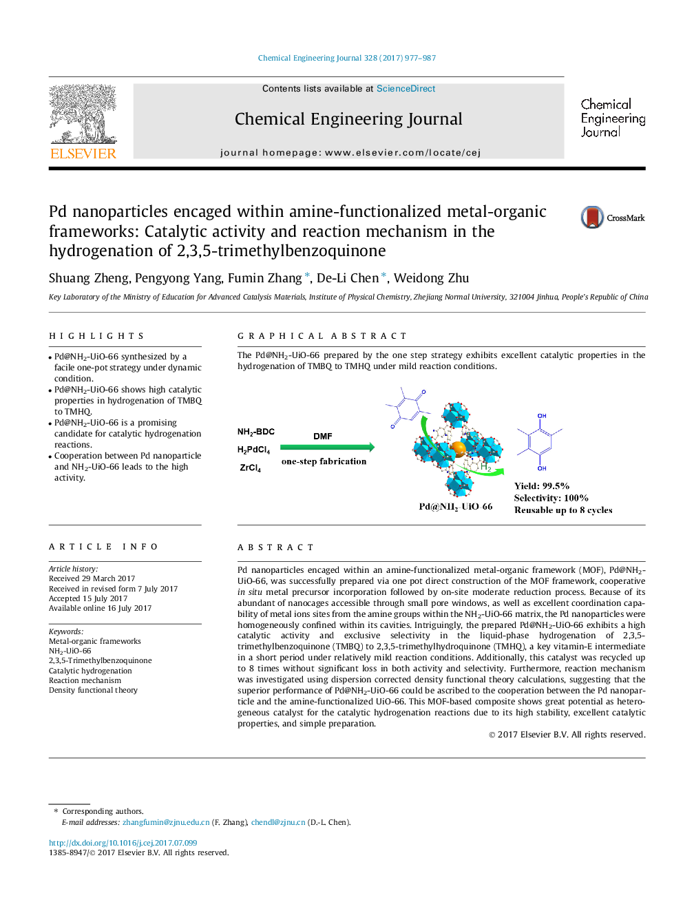 Pd nanoparticles encaged within amine-functionalized metal-organic frameworks: Catalytic activity and reaction mechanism in the hydrogenation of 2,3,5-trimethylbenzoquinone