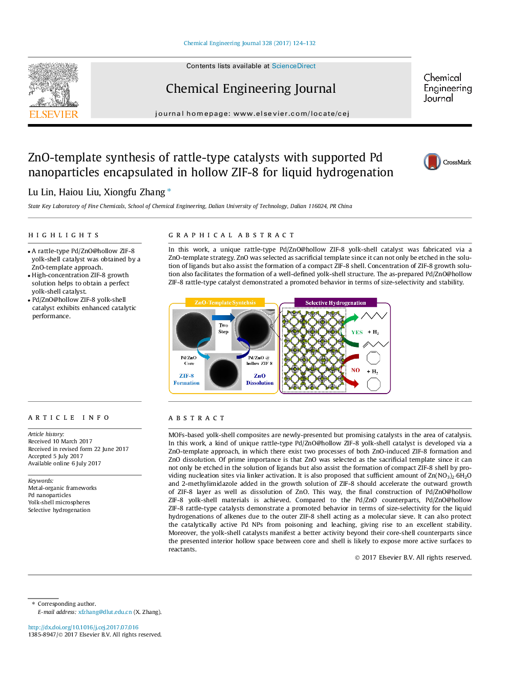 ZnO-template synthesis of rattle-type catalysts with supported Pd nanoparticles encapsulated in hollow ZIF-8 for liquid hydrogenation