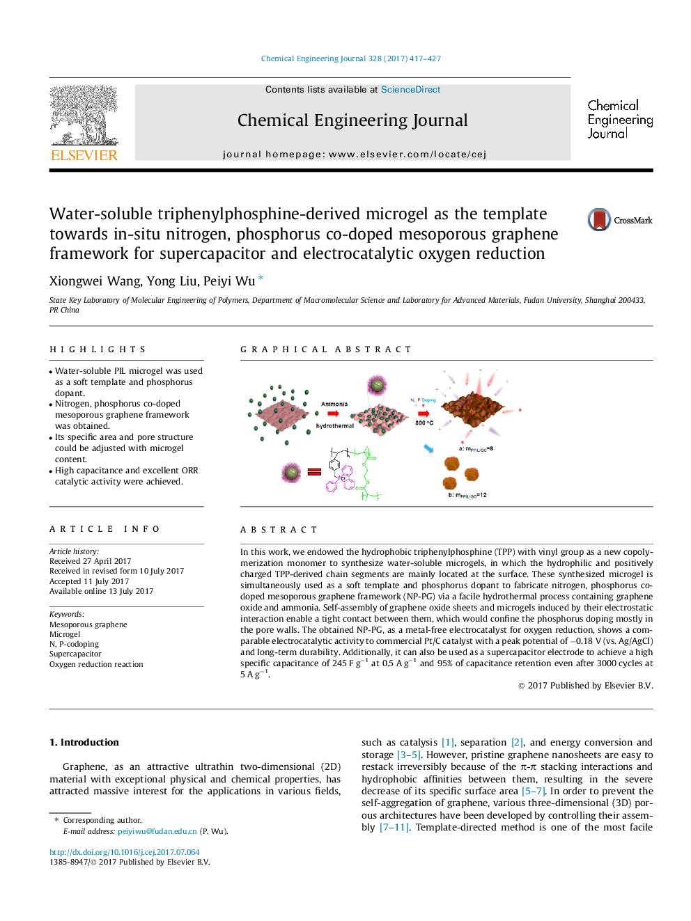 Water-soluble triphenylphosphine-derived microgel as the template towards in-situ nitrogen, phosphorus co-doped mesoporous graphene framework for supercapacitor and electrocatalytic oxygen reduction