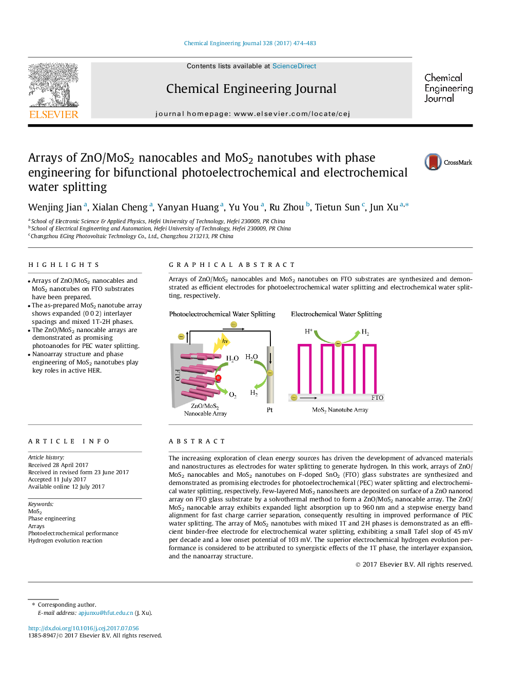 Arrays of ZnO/MoS2 nanocables and MoS2 nanotubes with phase engineering for bifunctional photoelectrochemical and electrochemical water splitting