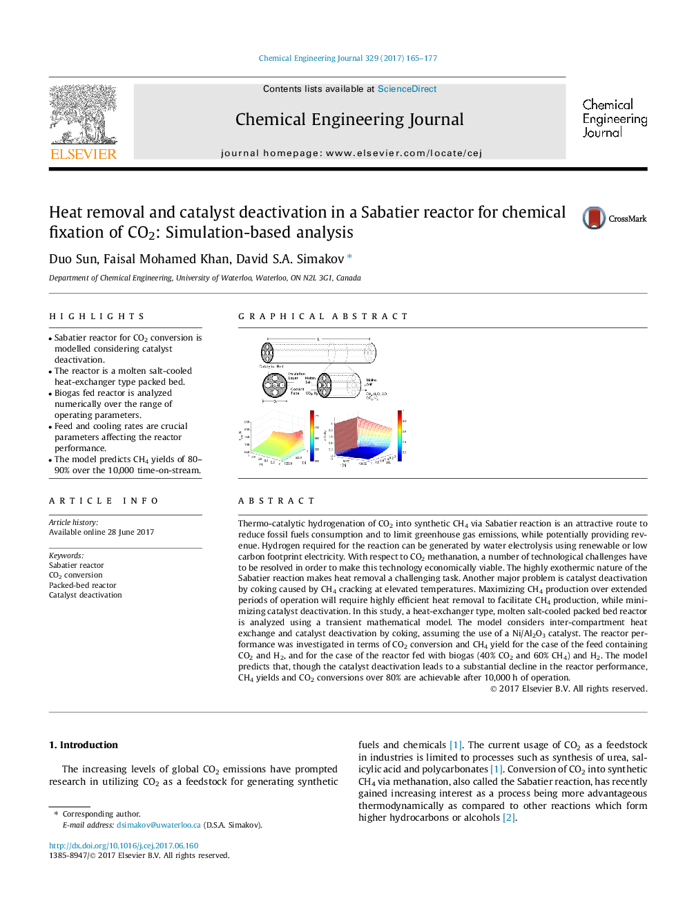 Heat removal and catalyst deactivation in a Sabatier reactor for chemical fixation of CO2: Simulation-based analysis