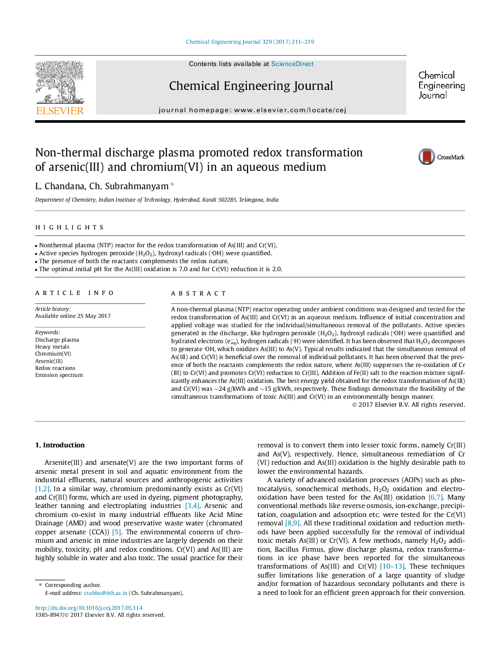 Non-thermal discharge plasma promoted redox transformation of arsenic(III) and chromium(VI) in an aqueous medium