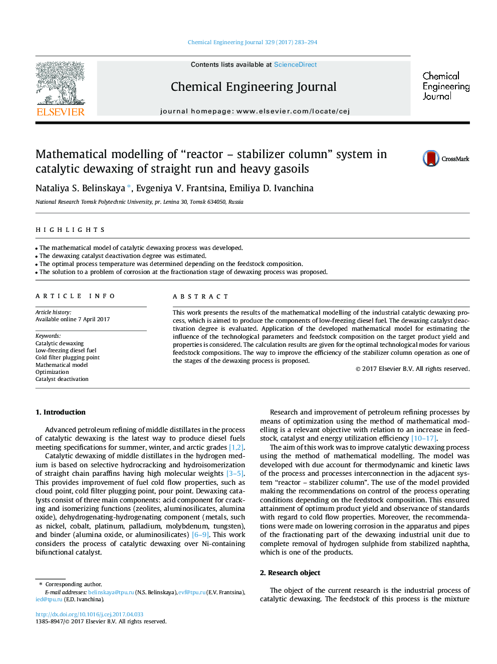 عکس صفحه اول مقاله: Mathematical modelling of “reactor - stabilizer column” system in catalytic dewaxing of straight run and heavy gasoils Mathematical modelling of “reactor - stabilizer column” system in catalytic dewaxing of straight run and heavy gasoils