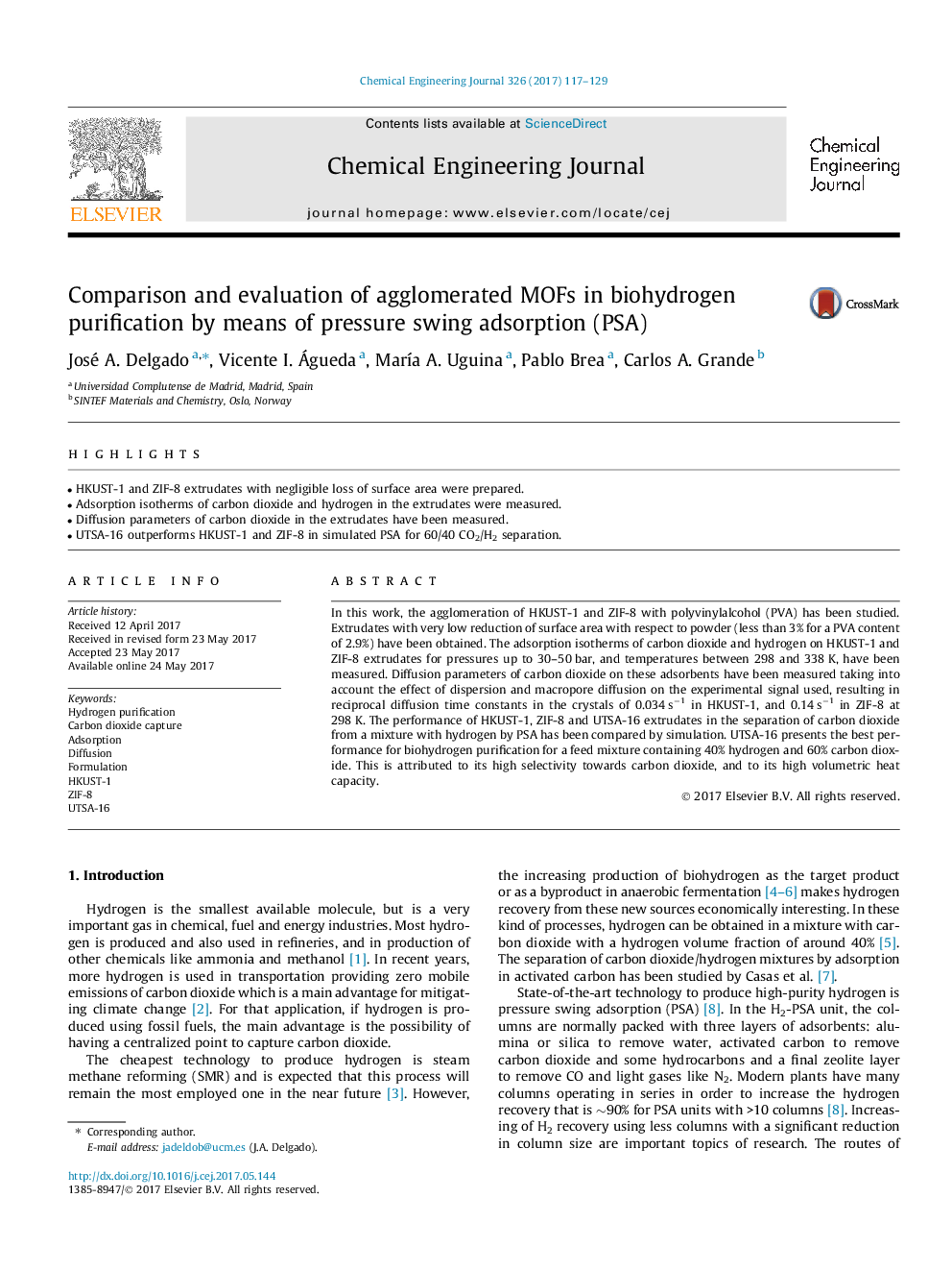 Comparison and evaluation of agglomerated MOFs in biohydrogen purification by means of pressure swing adsorption (PSA)