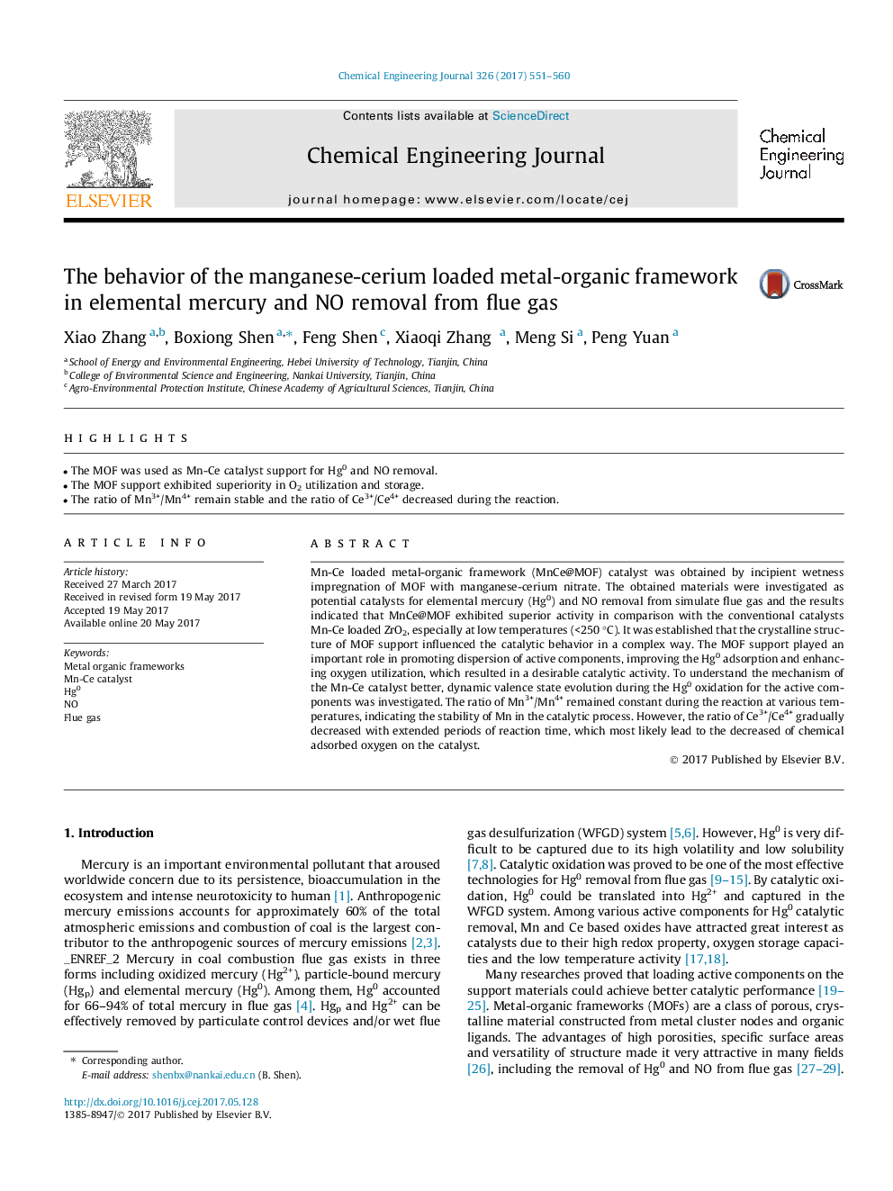 The behavior of the manganese-cerium loaded metal-organic framework in elemental mercury and NO removal from flue gas