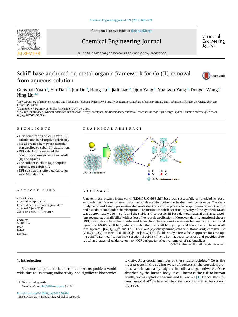 Schiff base anchored on metal-organic framework for Co (II) removal from aqueous solution