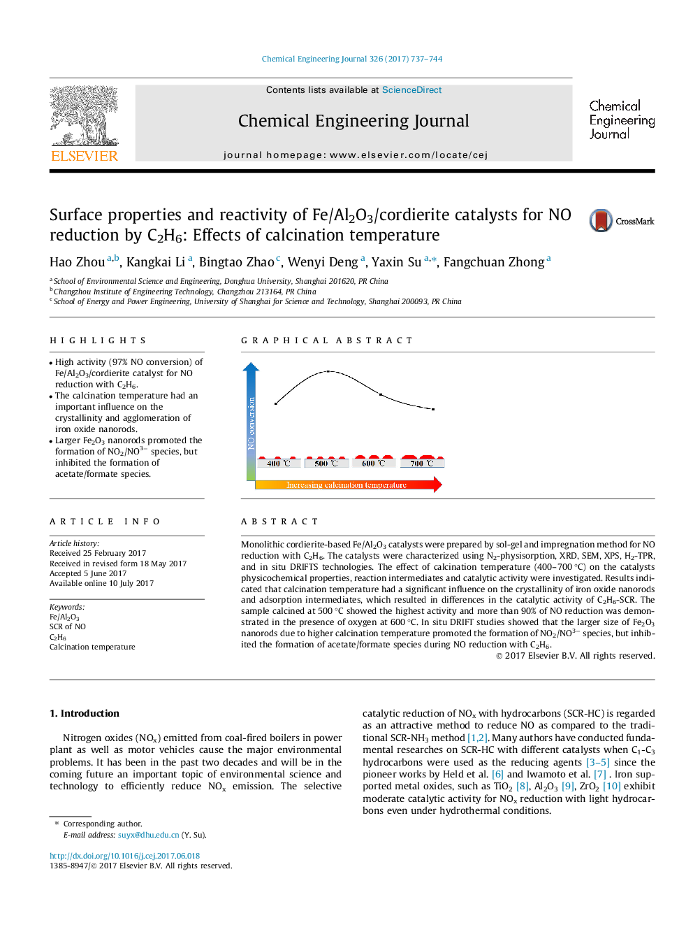 Surface properties and reactivity of Fe/Al2O3/cordierite catalysts for NO reduction by C2H6: Effects of calcination temperature