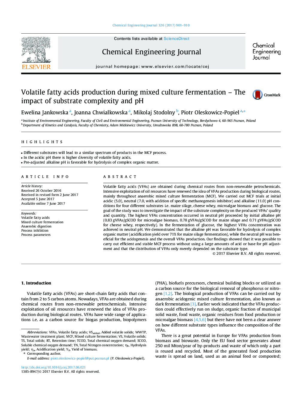 عکس صفحه اول مقاله: Volatile fatty acids production during mixed culture fermentation - The impact of substrate complexity and pH Volatile fatty acids production during mixed culture fermentation - The impact of substrate complexity and pH