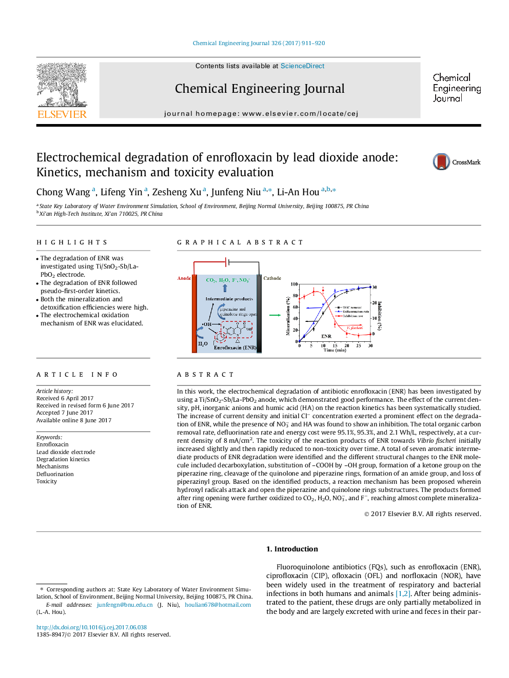 Electrochemical degradation of enrofloxacin by lead dioxide anode: Kinetics, mechanism and toxicity evaluation