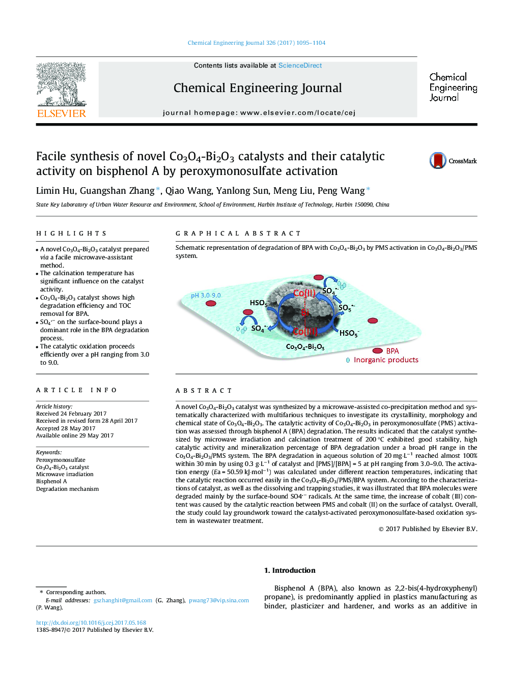 Facile synthesis of novel Co3O4-Bi2O3 catalysts and their catalytic activity on bisphenol A by peroxymonosulfate activation