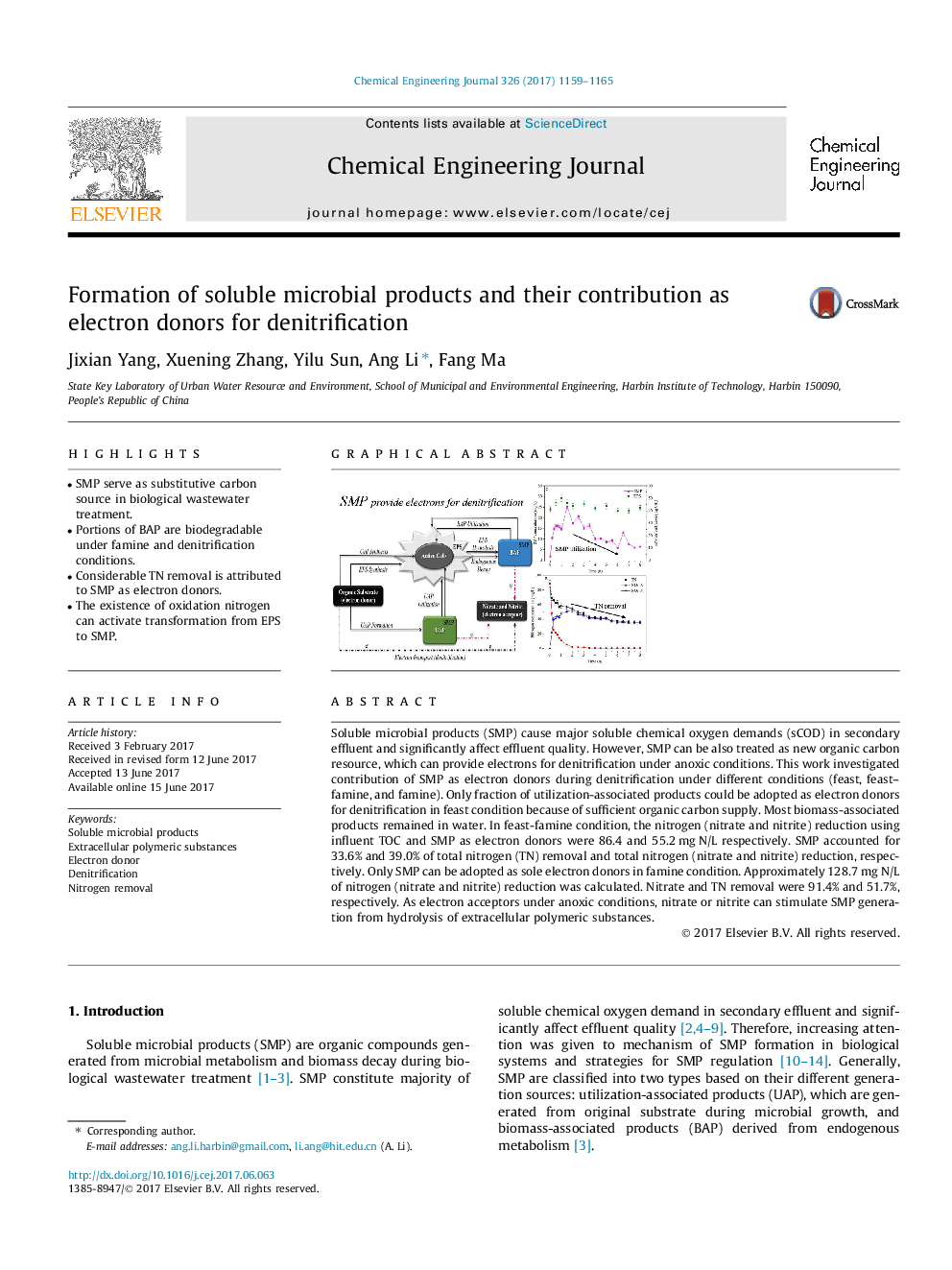 Formation of soluble microbial products and their contribution as electron donors for denitrification