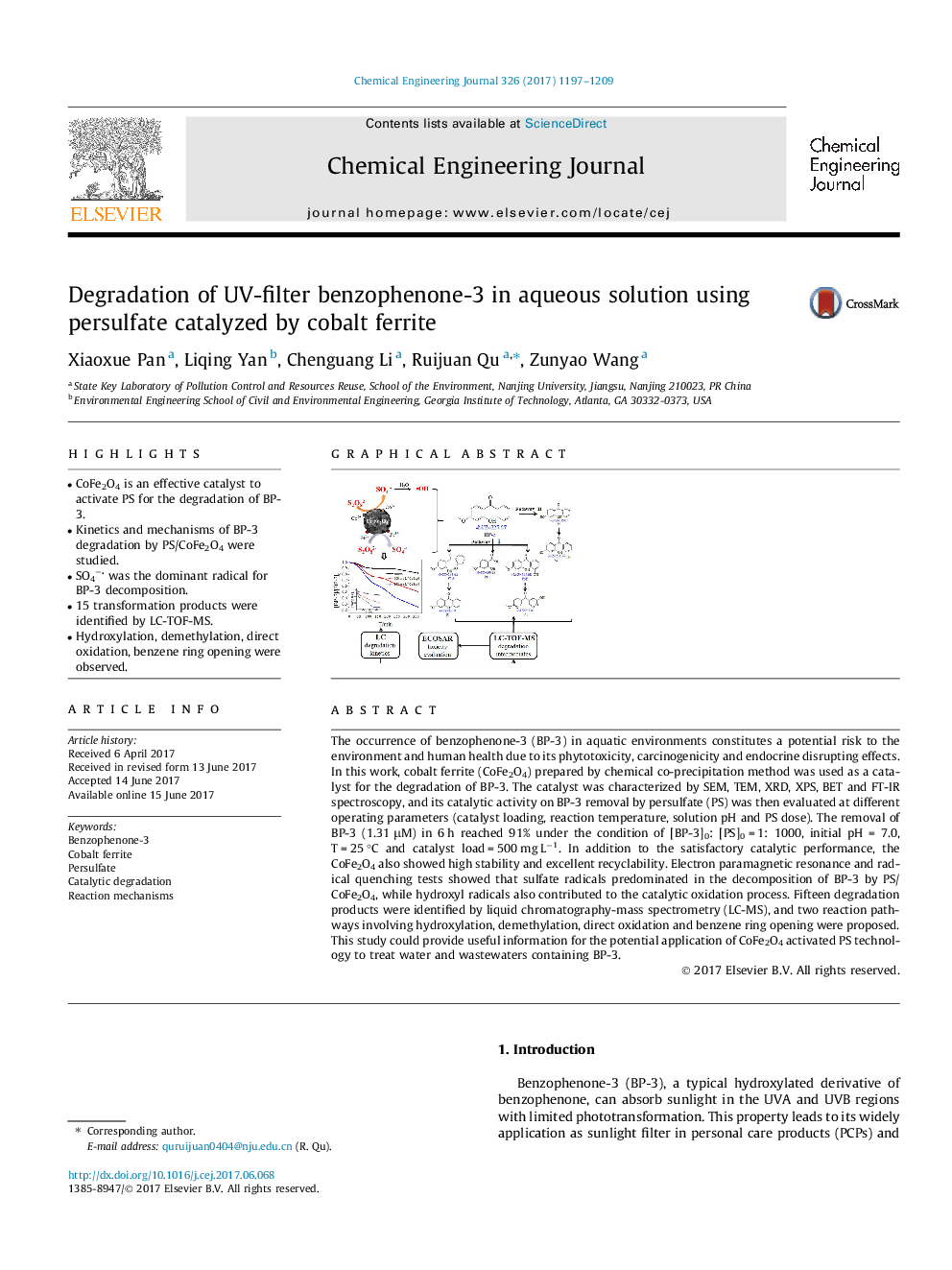 Degradation of UV-filter benzophenone-3 in aqueous solution using persulfate catalyzed by cobalt ferrite