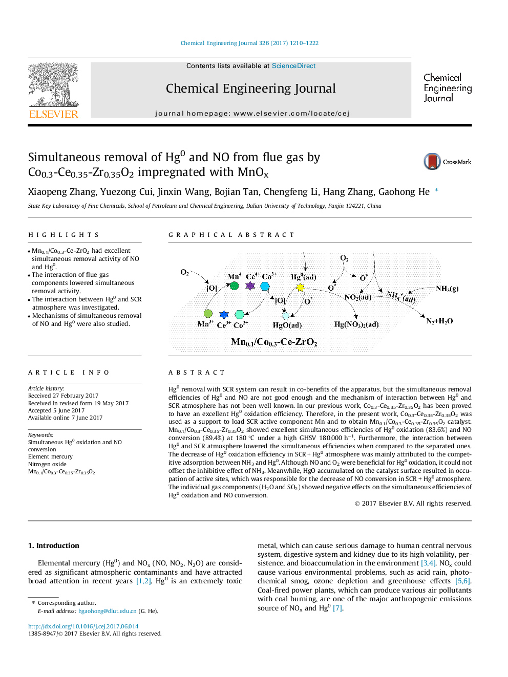 Simultaneous removal of Hg0 and NO from flue gas by Co0.3-Ce0.35-Zr0.35O2 impregnated with MnOx