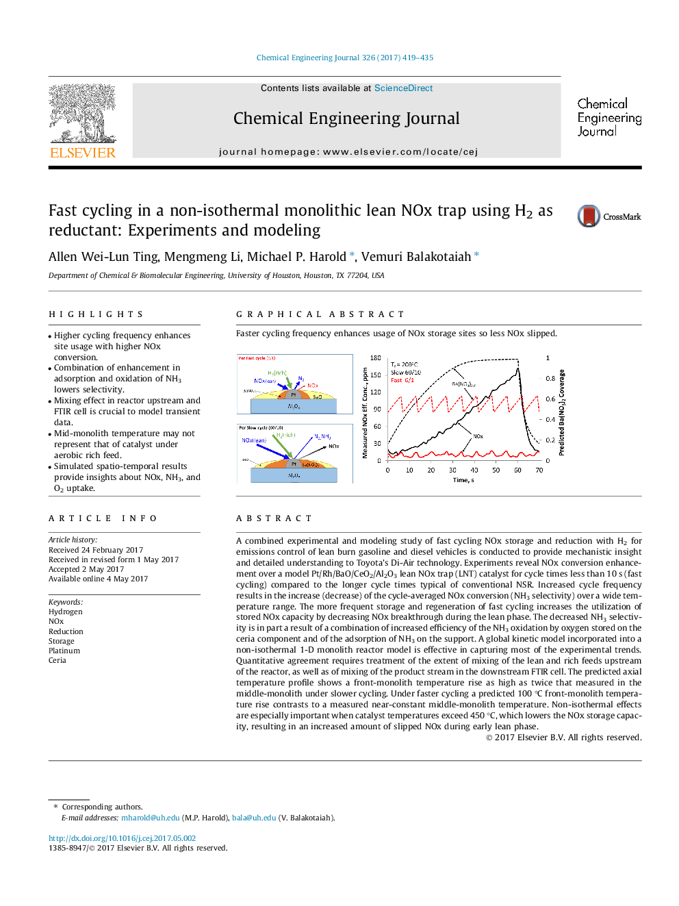 Fast cycling in a non-isothermal monolithic lean NOx trap using H2 as reductant: Experiments and modeling