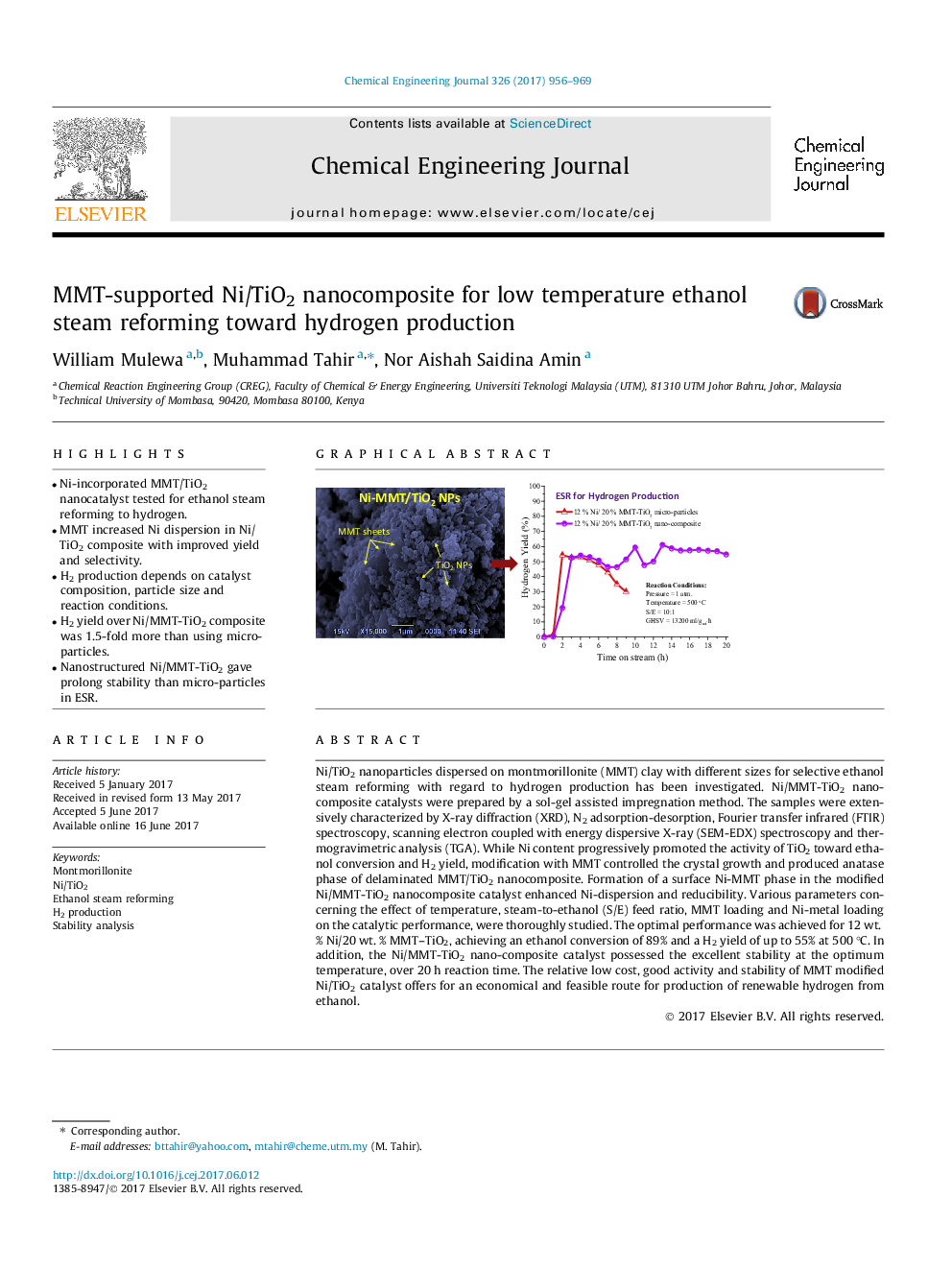 MMT-supported Ni/TiO2 nanocomposite for low temperature ethanol steam reforming toward hydrogen production