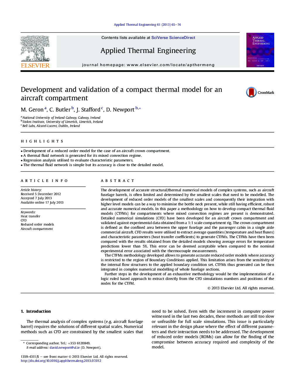 Development and validation of a compact thermal model for an aircraft compartment