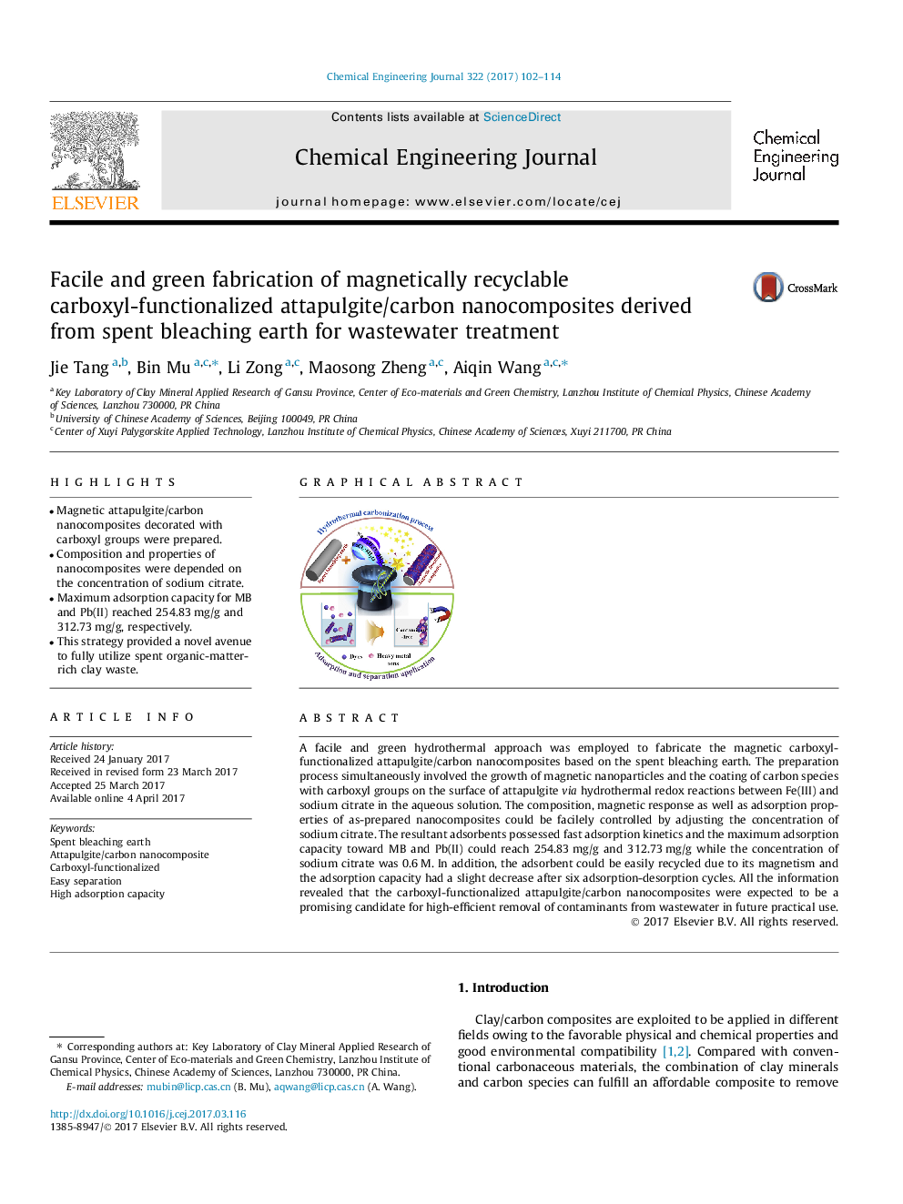 Facile and green fabrication of magnetically recyclable carboxyl-functionalized attapulgite/carbon nanocomposites derived from spent bleaching earth for wastewater treatment