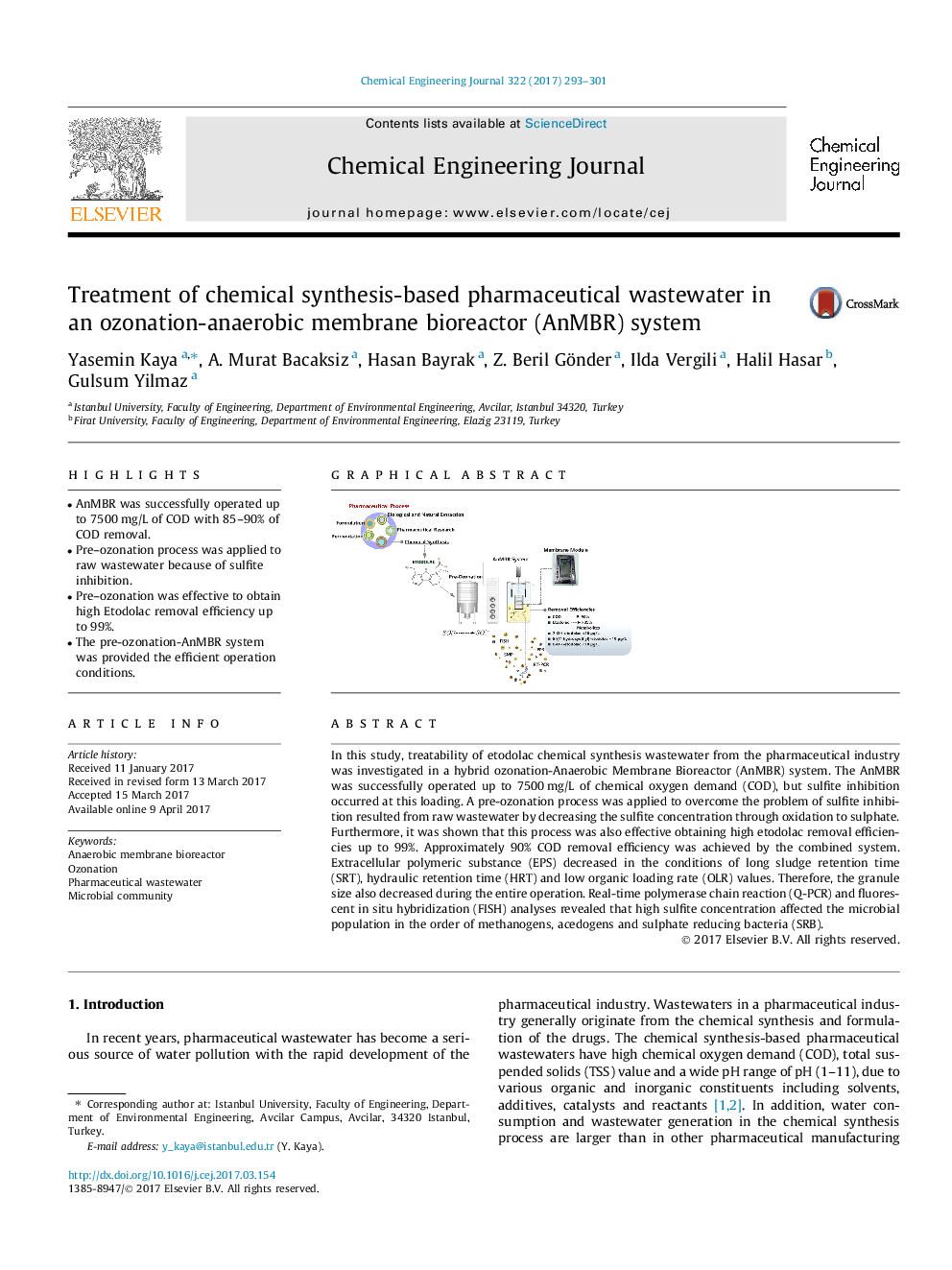 Treatment of chemical synthesis-based pharmaceutical wastewater in an ozonation-anaerobic membrane bioreactor (AnMBR) system