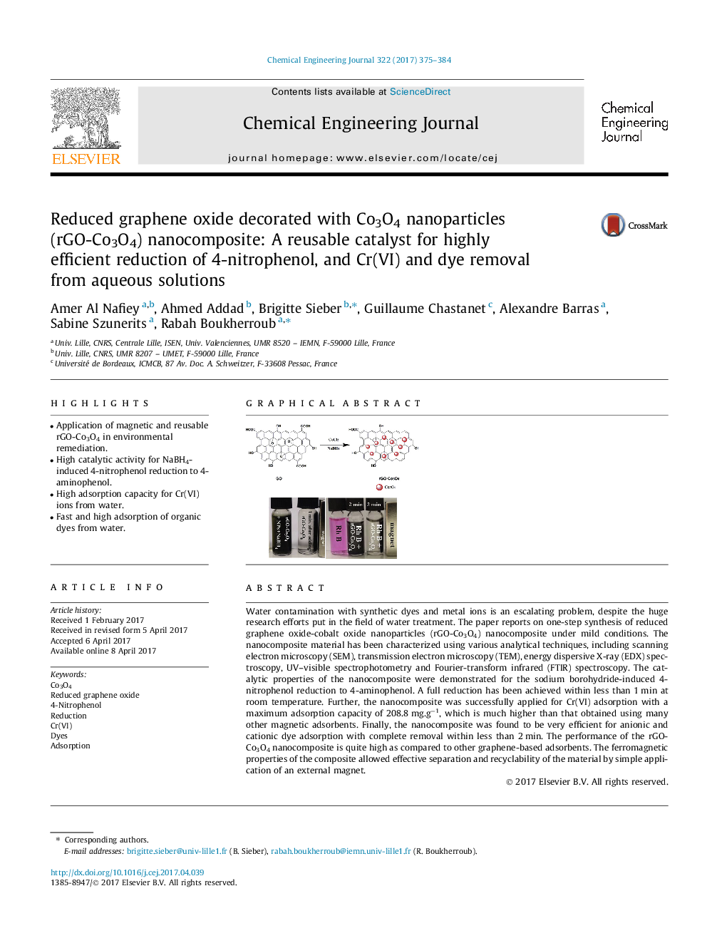عکس صفحه اول مقاله: Reduced graphene oxide decorated with Co3O4 nanoparticles (rGO-Co3O4) nanocomposite: A reusable catalyst for highly efficient reduction of 4-nitrophenol, and Cr(VI) and dye removal from aqueous solutions Reduced graphene oxide decorated with Co3O4 nanoparticles (rGO-Co3O4) nanocomposite: A reusable catalyst for highly efficient reduction of 4-nitrophenol, and Cr(VI) and dye removal from aqueous solutions