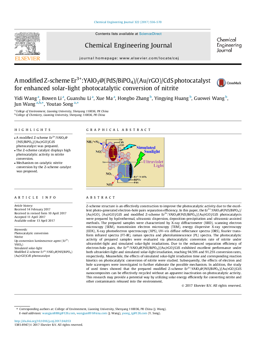 عکس صفحه اول مقاله: A modified Z-scheme Er3+:YAlO3@(PdS/BiPO4)/(Au/rGO)/CdS photocatalyst for enhanced solar-light photocatalytic conversion of nitrite A modified Z-scheme Er3+:YAlO3@(PdS/BiPO4)/(Au/rGO)/CdS photocatalyst for enhanced solar-light photocatalytic conversion of nitrite