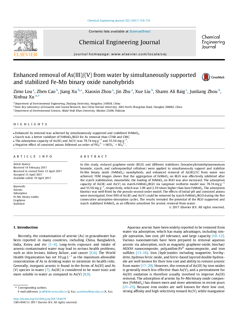 عکس صفحه اول مقاله: Enhanced removal of As(III)/(V) from water by simultaneously supported and stabilized Fe-Mn binary oxide nanohybrids Enhanced removal of As(III)/(V) from water by simultaneously supported and stabilized Fe-Mn binary oxide nanohybrids