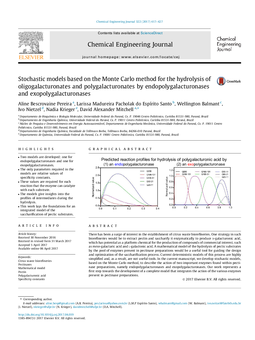 Stochastic models based on the Monte Carlo method for the hydrolysis of oligogalacturonates and polygalacturonates by endopolygalacturonases and exopolygalacturonases