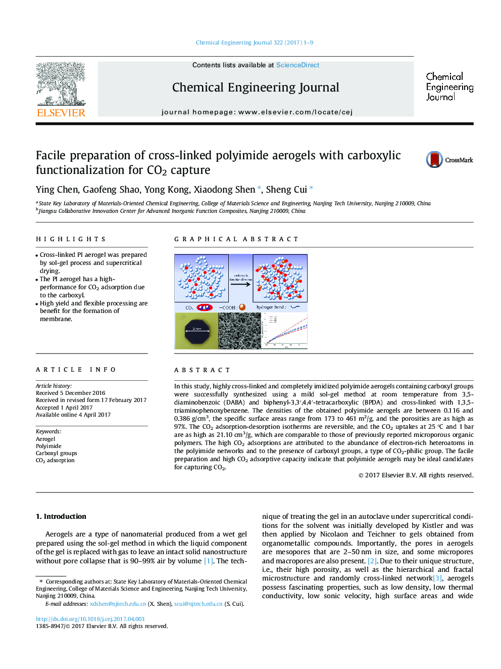 Facile preparation of cross-linked polyimide aerogels with carboxylic functionalization for CO2 capture