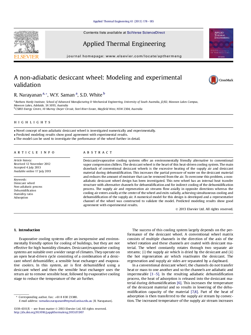 A non-adiabatic desiccant wheel: Modeling and experimental validation