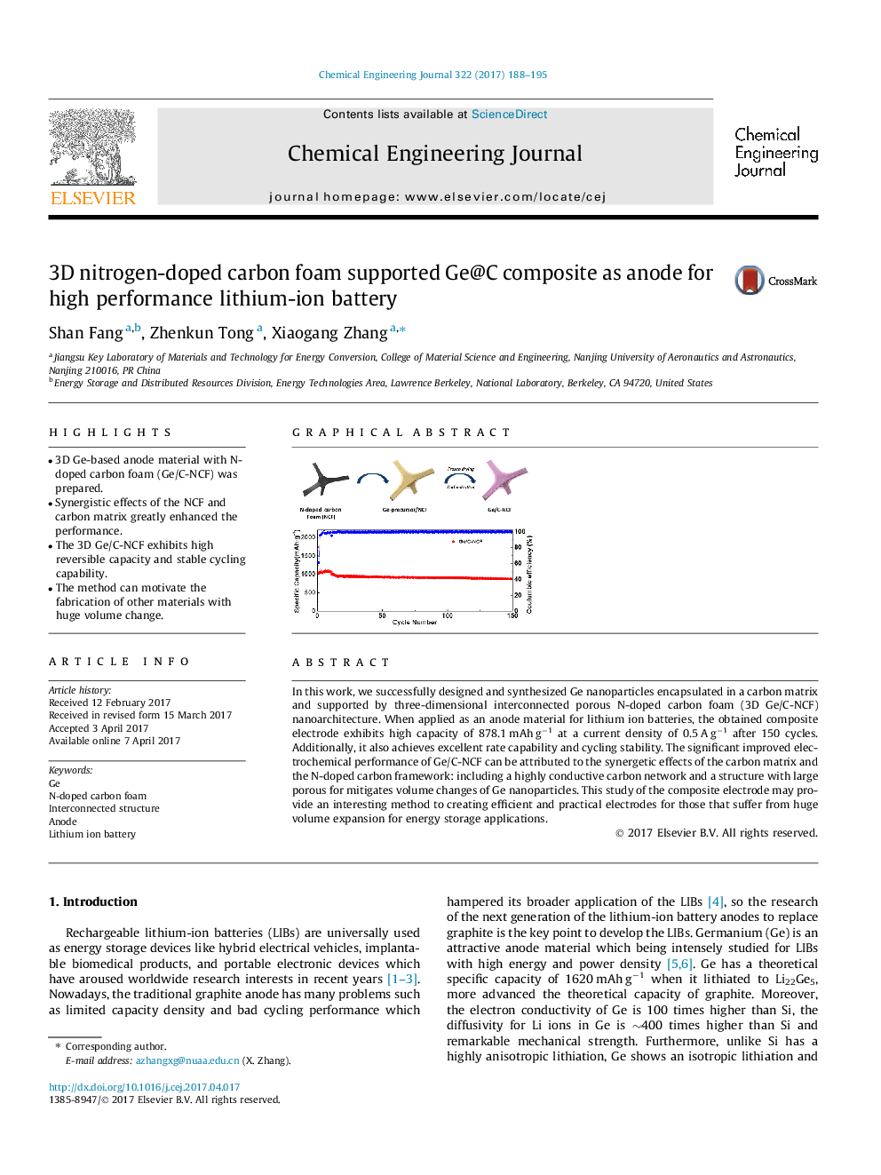 3D nitrogen-doped carbon foam supported Ge@C composite as anode for high performance lithium-ion battery