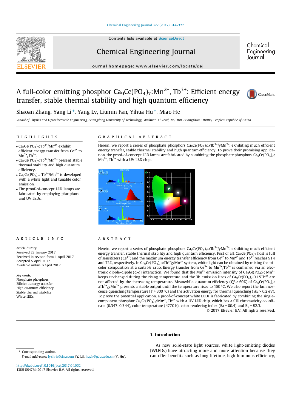 A full-color emitting phosphor Ca9Ce(PO4)7:Mn2+, Tb3+: Efficient energy transfer, stable thermal stability and high quantum efficiency